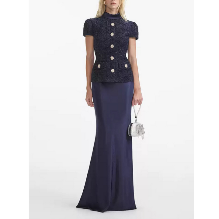 Navy Blue Tweed Satin Evening Dress | 2025 Spring New