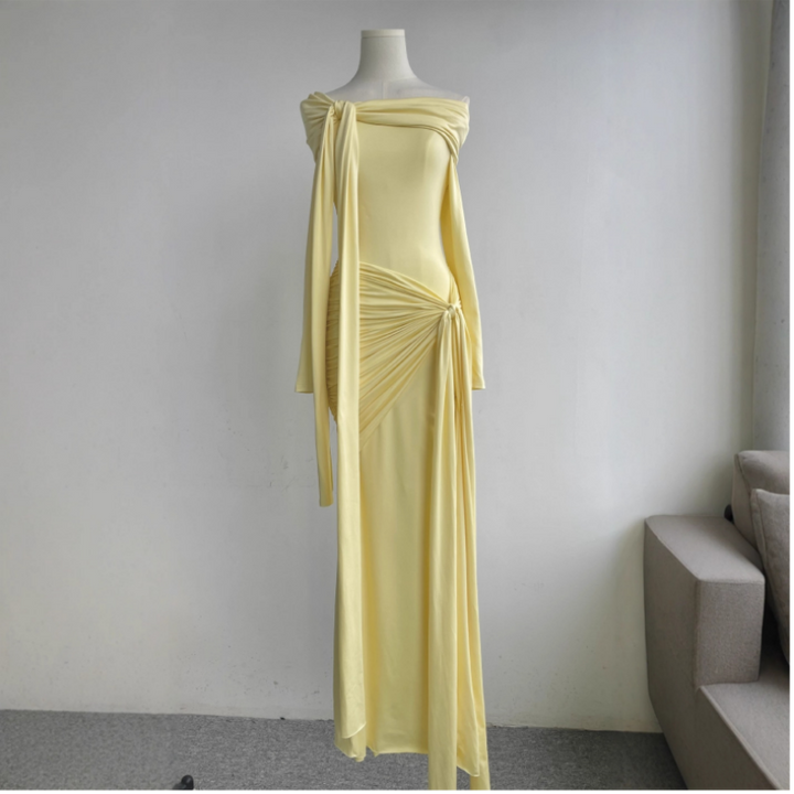 Elegant Yellow Long Dress with Crossed Collar & Wrinkled Design