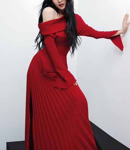 Elegant Strapless Red Pleated Long Dress