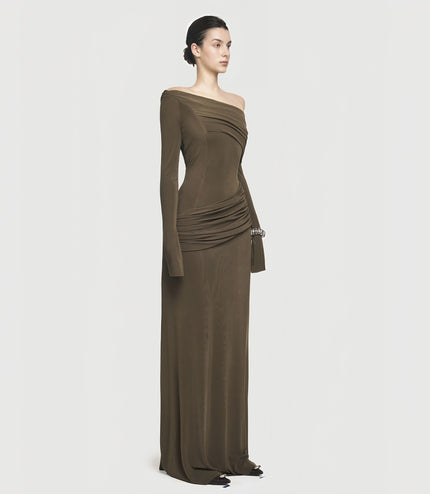 Elegant Slant Shoulder Pleated Gown Black Long Dresses