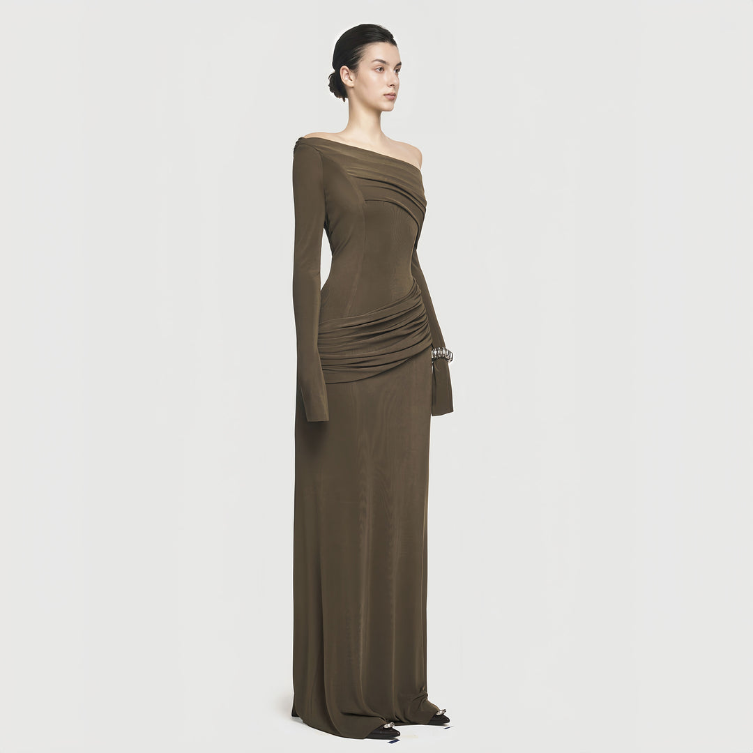 Elegant Slant Shoulder Pleated Gown Black Long Dresses
