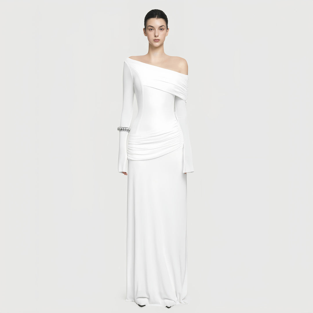Elegant Slant Shoulder Pleated Gown Black Long Dresses