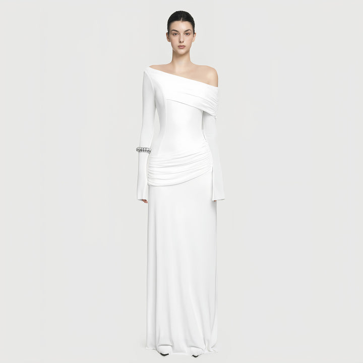 Elegant Slant Shoulder Pleated Gown Black Long Dresses