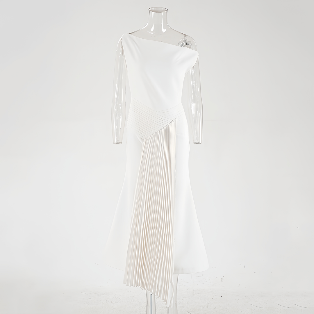 Elegant Asymmetric White Dress – One-Shoulder Pleated Long Sleeve White Dress for Women