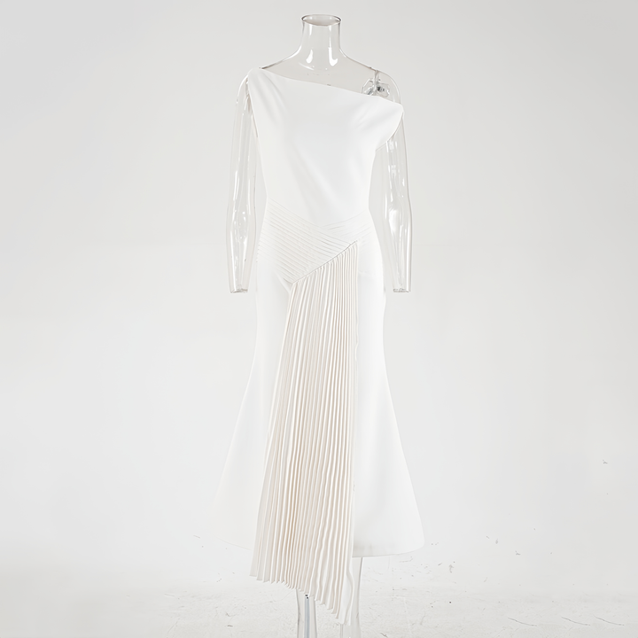 Elegant Asymmetric White Dress – One-Shoulder Pleated Long Sleeve White Dress for Women