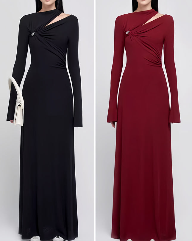 Burgundy Asymmetric Neckline Maxi Dress