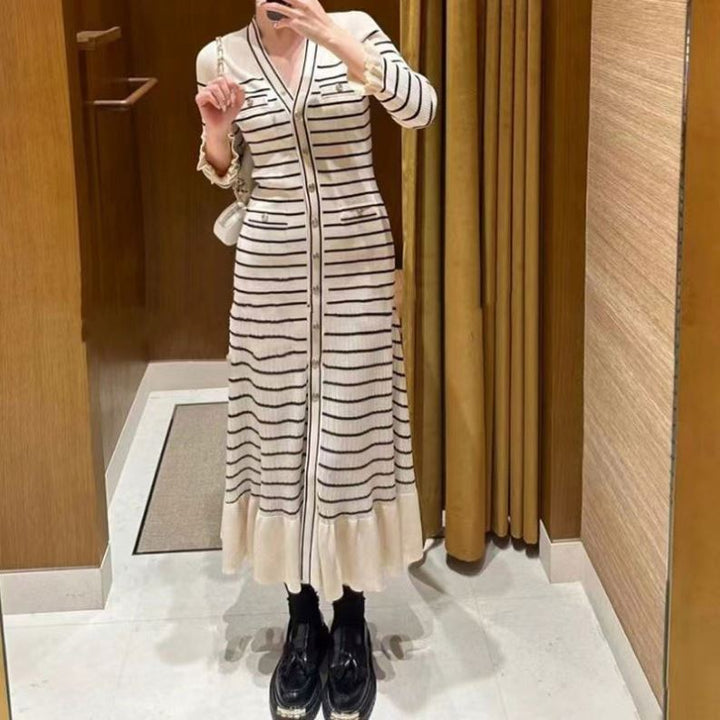 Striped dress female spring and fall new fashion temperament long knee-length skirt