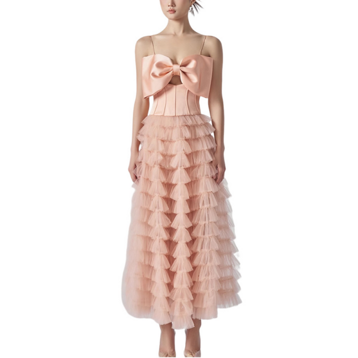 Chic Pink Bow Tiered Maxi Dress | 2025 Evening Gown