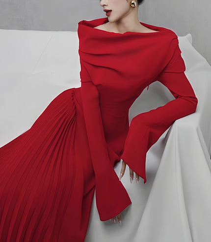 Elegant Strapless Red Pleated Long Dress