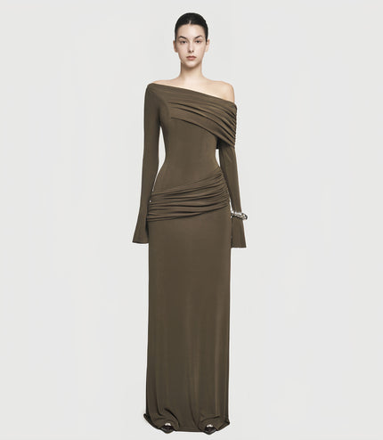 Elegant Slant Shoulder Pleated Gown Black Long Dresses
