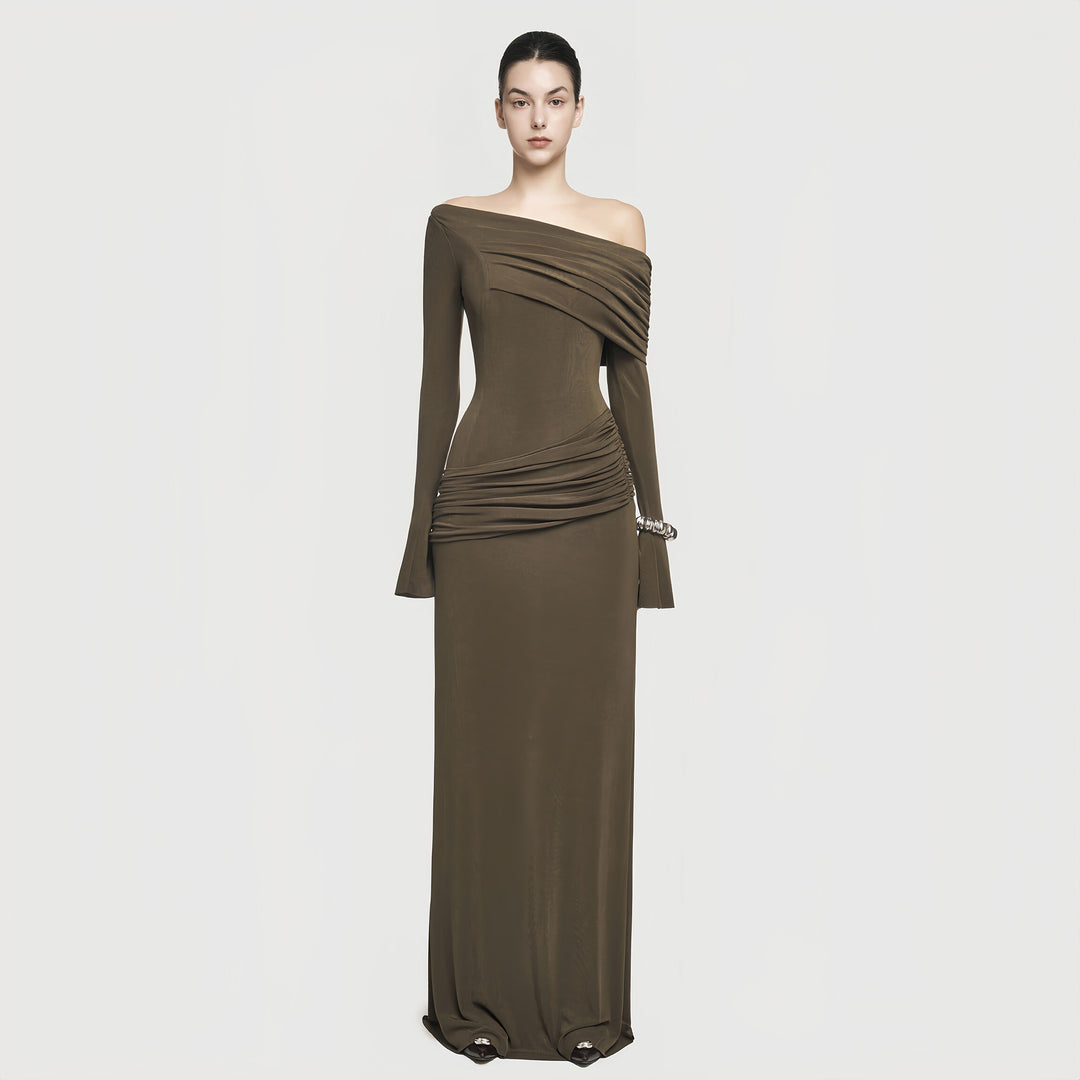 Elegant Slant Shoulder Pleated Gown Black Long Dresses