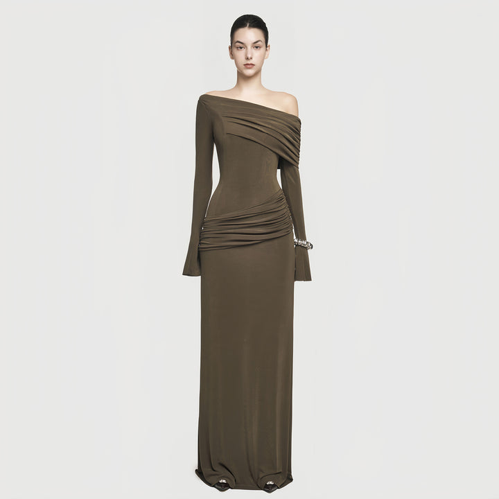 Elegant Slant Shoulder Pleated Gown Black Long Dresses