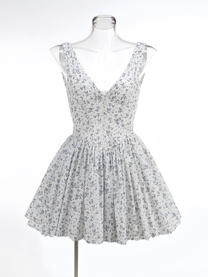Hot sexy deep v blue floral pleated skirt