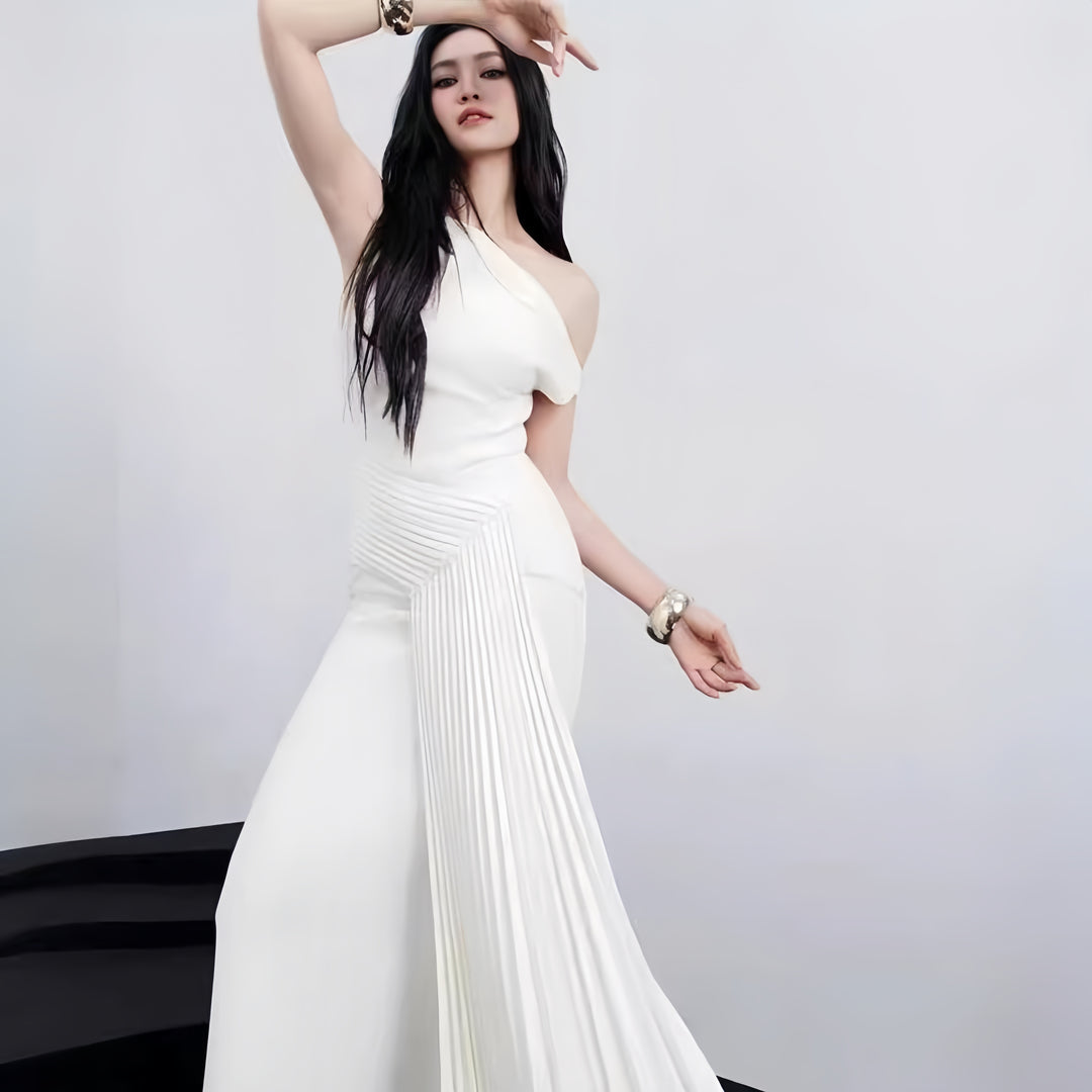Elegant Asymmetric White Dress – One-Shoulder Pleated Long Sleeve White Dress for Women