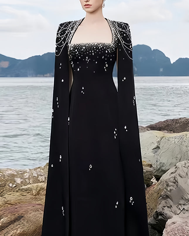 Black Elegant Temperament Sparkling Diamond Embellished Long Dress