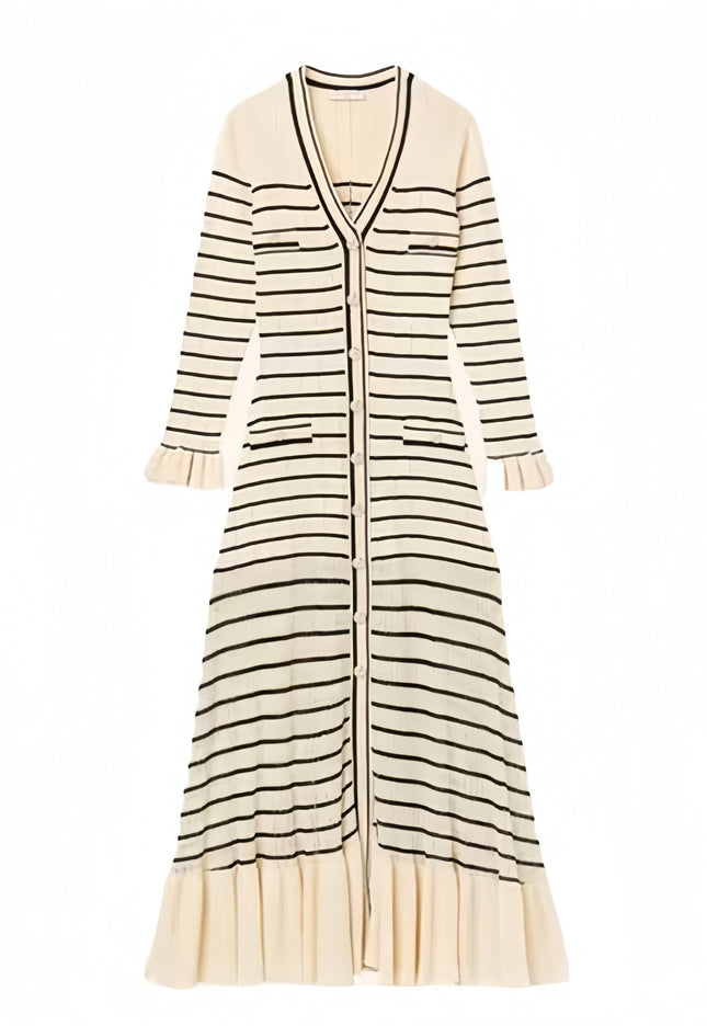 Striped dress female spring and fall new fashion temperament long knee-length skirt