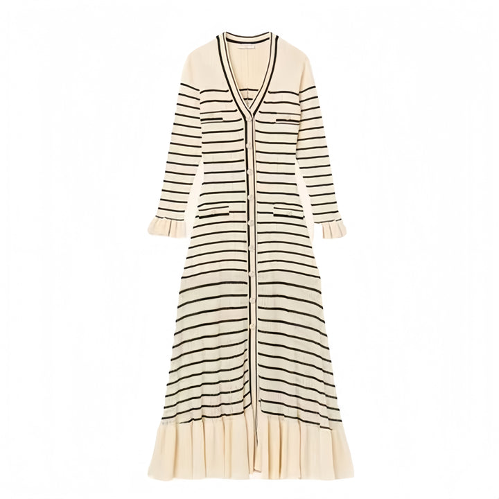 Striped dress female spring and fall new fashion temperament long knee-length skirt