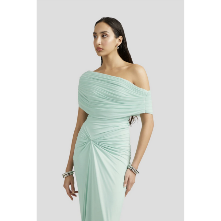 Green One-Shoulder Pleated Fitted Floor-Length Dress