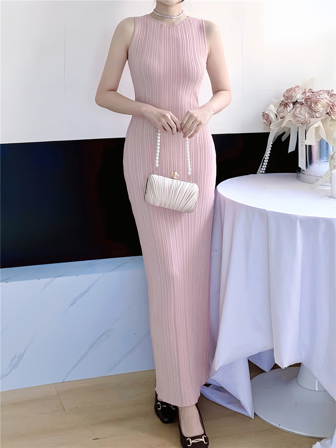 Pink Sleeveless Vertical Striped Dress