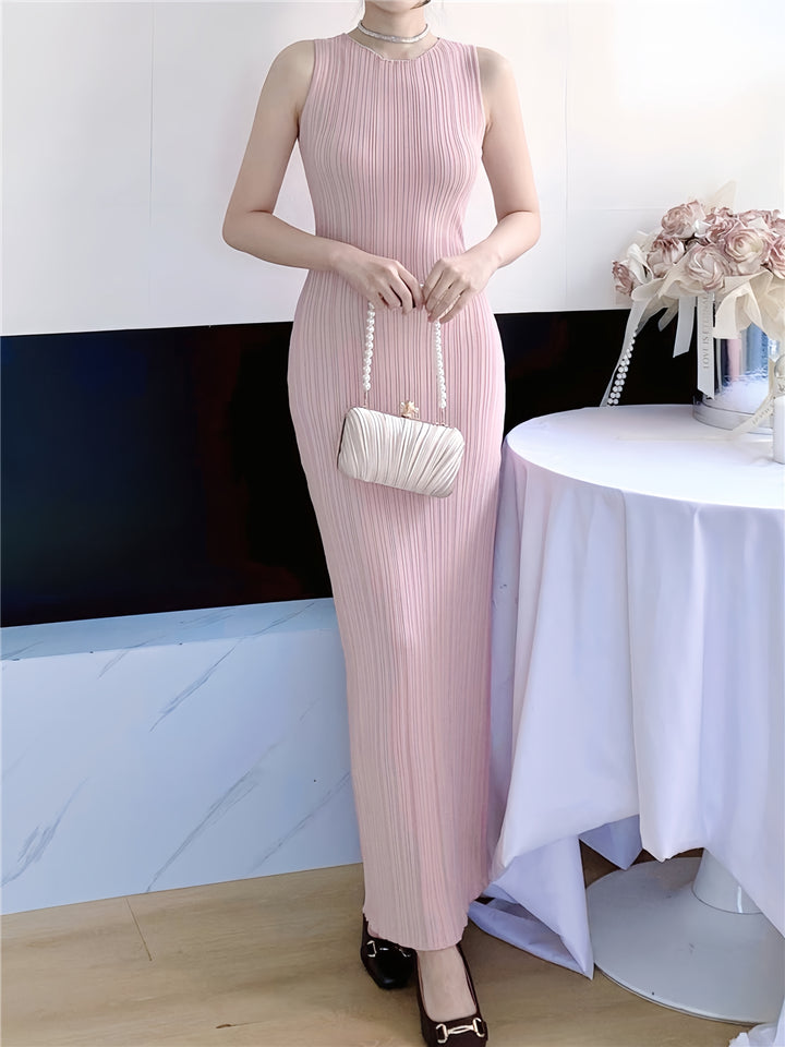 Pink Sleeveless Vertical Striped Dress