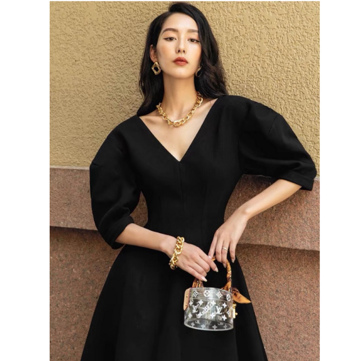 V-neck Chiffon Midi Dress - Black