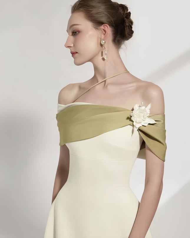 Off Shoulder Crepe Maxi Dress - Pale Beige with Green Straps & White Flowers
