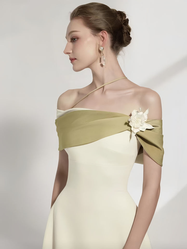 Off Shoulder Crepe Maxi Dress - Pale Beige with Green Straps & White Flowers