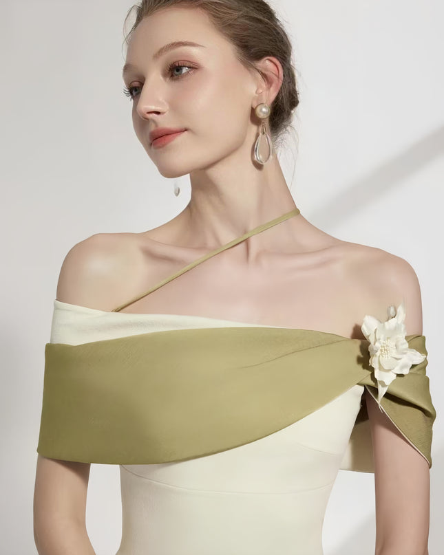 Off Shoulder Crepe Maxi Dress - Pale Beige with Green Straps & White Flowers