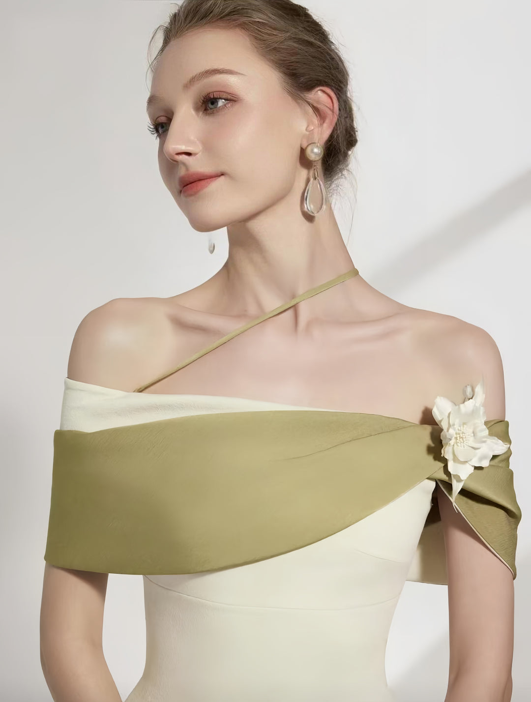 Off Shoulder Crepe Maxi Dress - Pale Beige with Green Straps & White Flowers