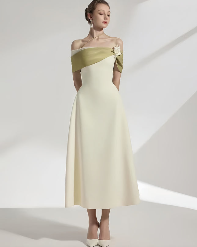 Off Shoulder Crepe Maxi Dress - Pale Beige with Green Straps & White Flowers