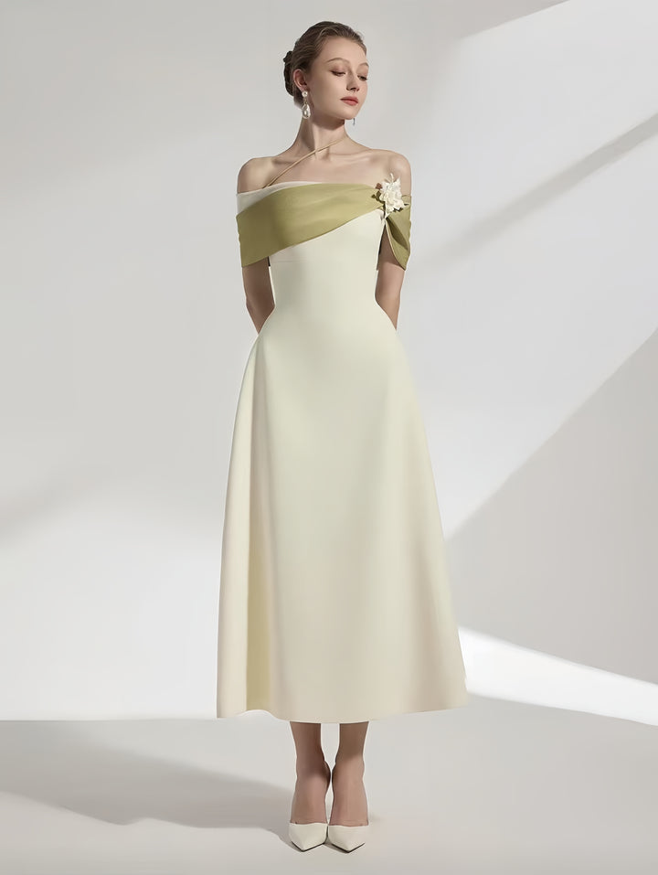 Off Shoulder Crepe Maxi Dress - Pale Beige with Green Straps & White Flowers