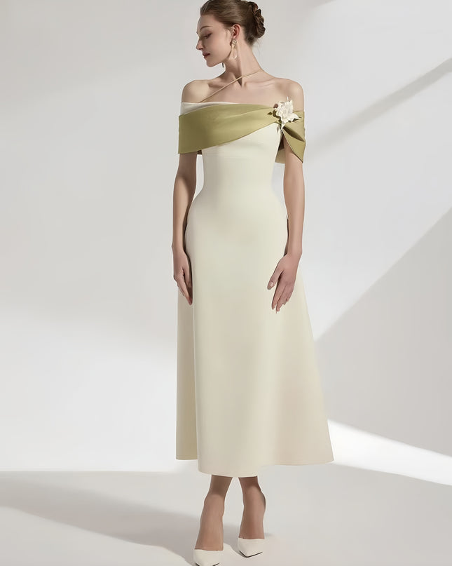 Off Shoulder Crepe Maxi Dress - Pale Beige with Green Straps & White Flowers