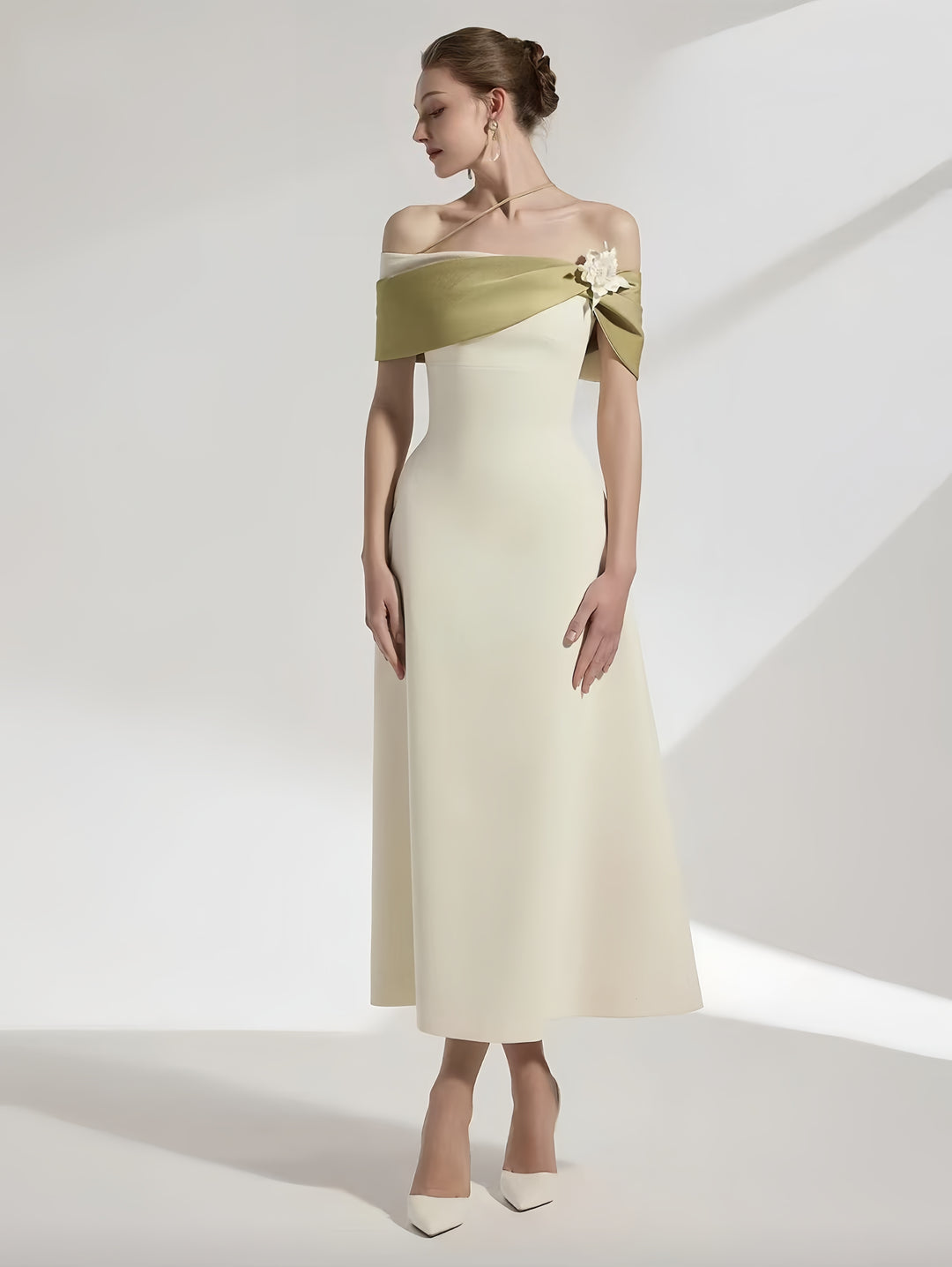 Off Shoulder Crepe Maxi Dress - Pale Beige with Green Straps & White Flowers