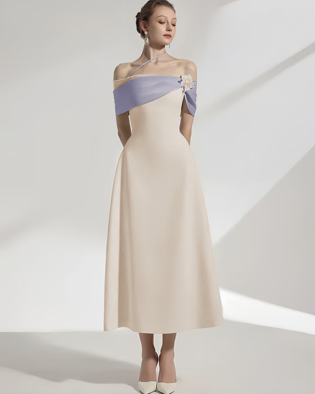 Off Shoulder Crepe Maxi Dress - Pale Beige with Green Straps & White Flowers