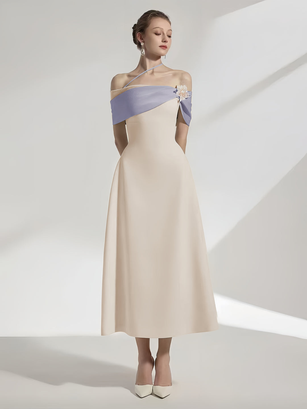 Off Shoulder Crepe Maxi Dress - Pale Beige with Green Straps & White Flowers