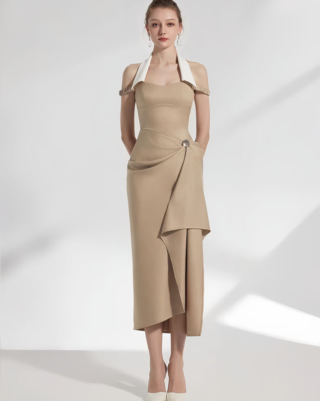 Off Shoulder Crepe Maxi Dress - Pale Beige with Green Straps & White Flowers