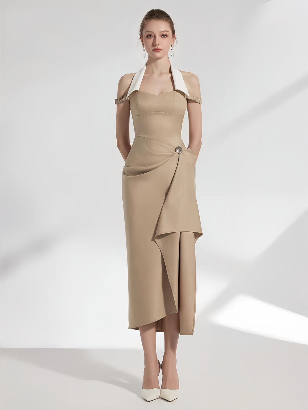 Off Shoulder Crepe Maxi Dress - Pale Beige with Green Straps & White Flowers