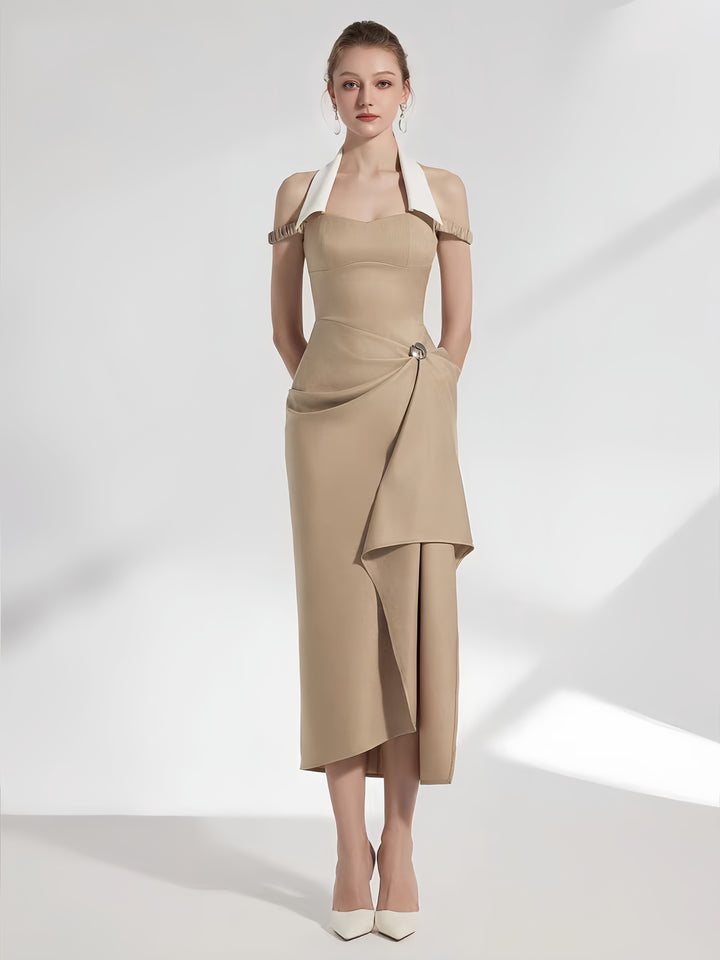 Off Shoulder Crepe Maxi Dress - Pale Beige with Green Straps & White Flowers