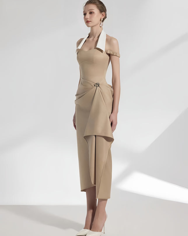 Off Shoulder Crepe Maxi Dress - Pale Beige with Green Straps & White Flowers