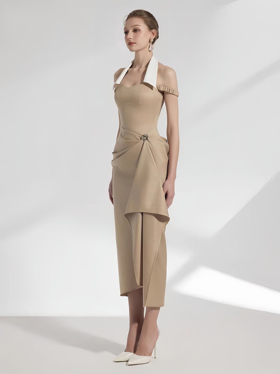 Off Shoulder Crepe Maxi Dress - Pale Beige with Green Straps & White Flowers