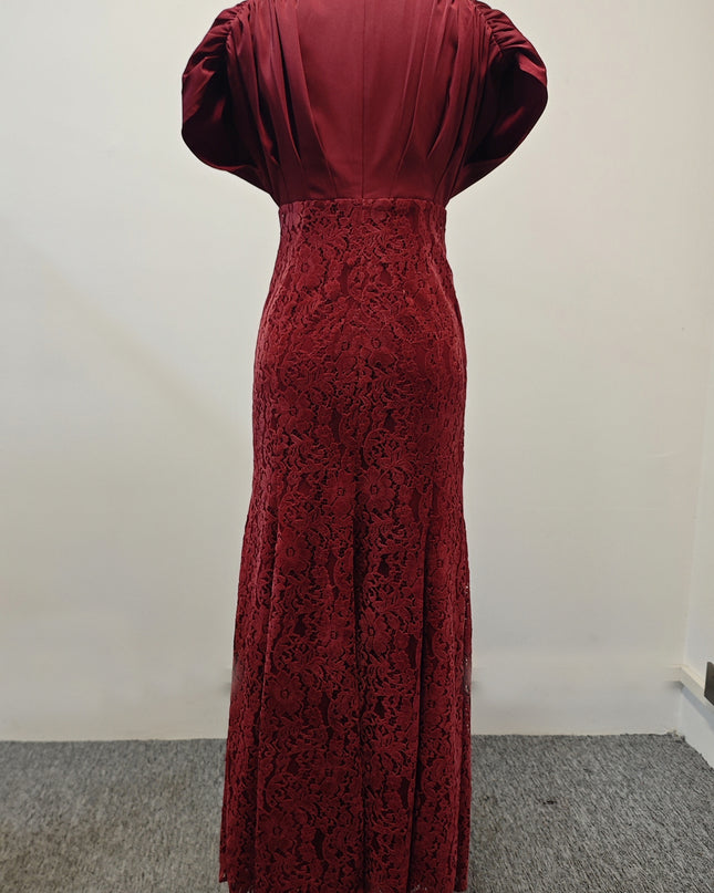 Deep V-neck Lace Maxi Dress - Deep Red