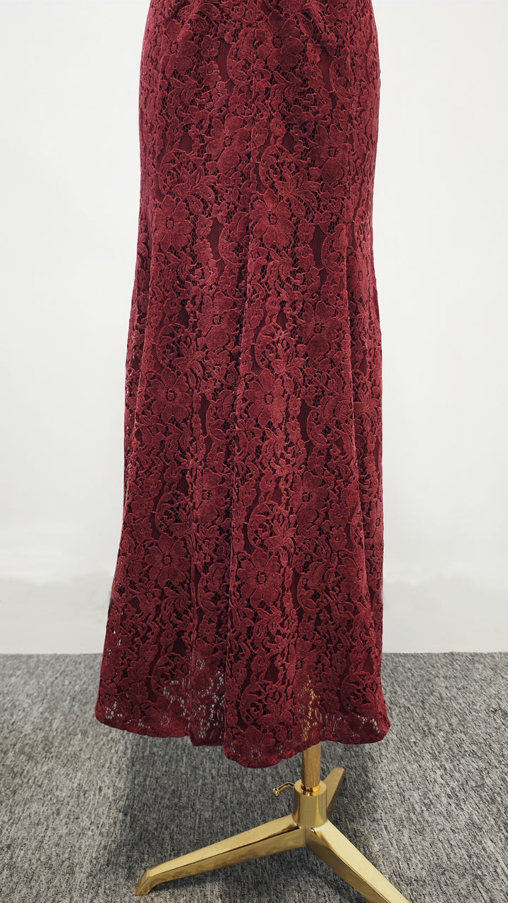 Deep V-neck Lace Maxi Dress - Deep Red
