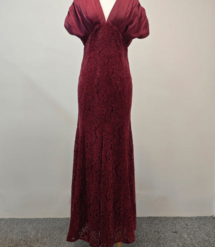 Deep V-neck Lace Maxi Dress - Deep Red