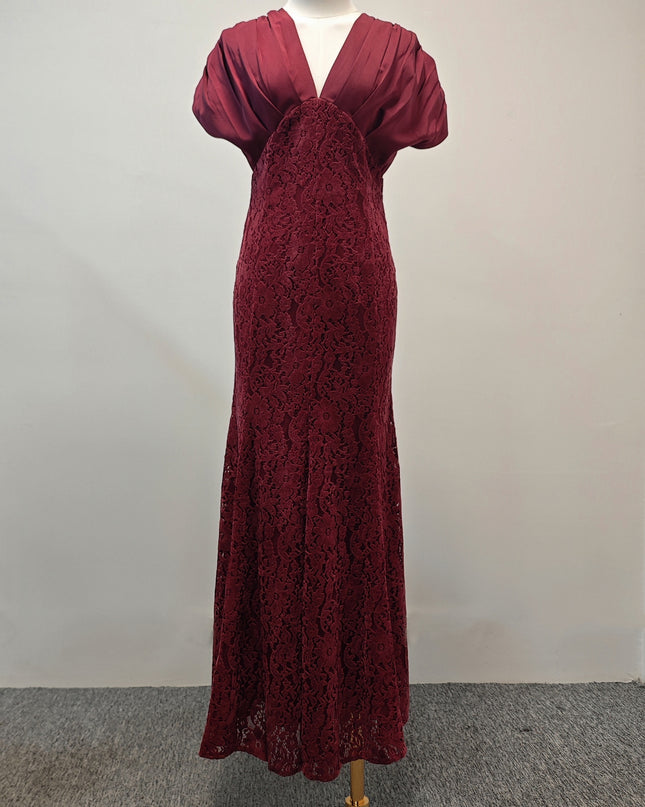 Deep V-neck Lace Maxi Dress - Deep Red