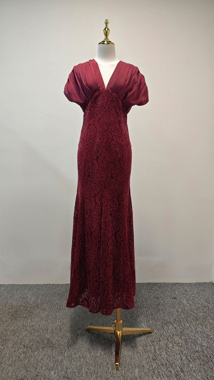 Deep V-neck Lace Maxi Dress - Deep Red