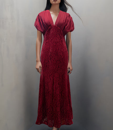 Deep V-neck Lace Maxi Dress - Deep Red