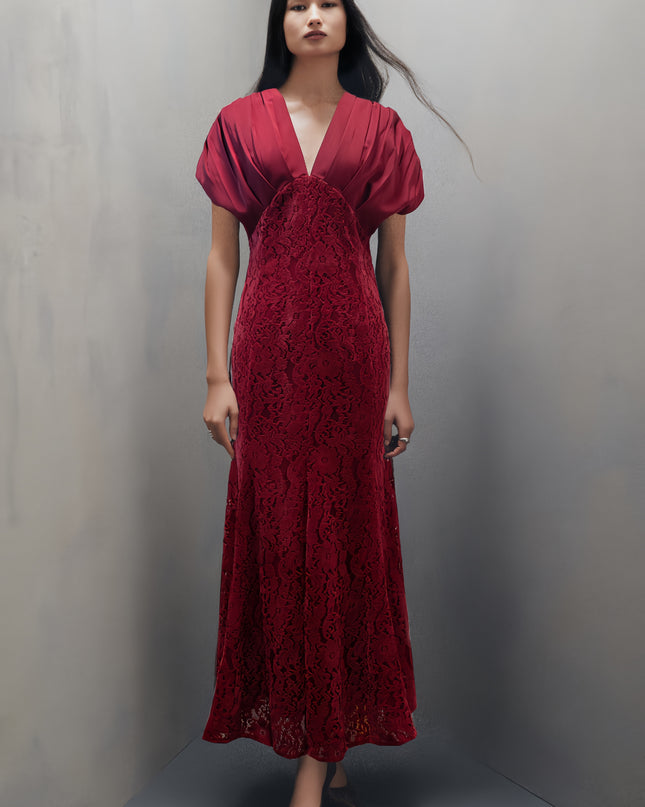 Deep V-neck Lace Maxi Dress - Deep Red