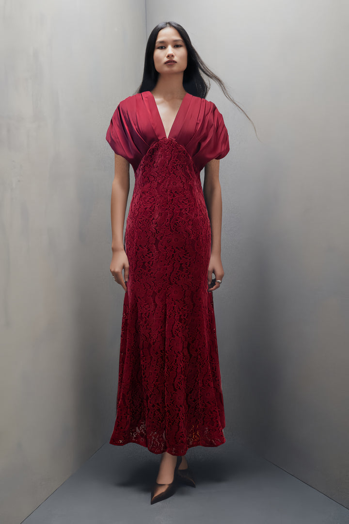 Deep V-neck Lace Maxi Dress - Deep Red