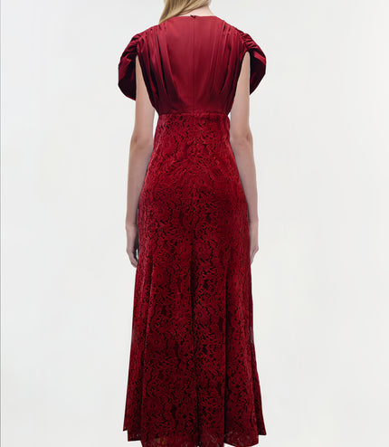 Deep V-neck Lace Maxi Dress - Deep Red