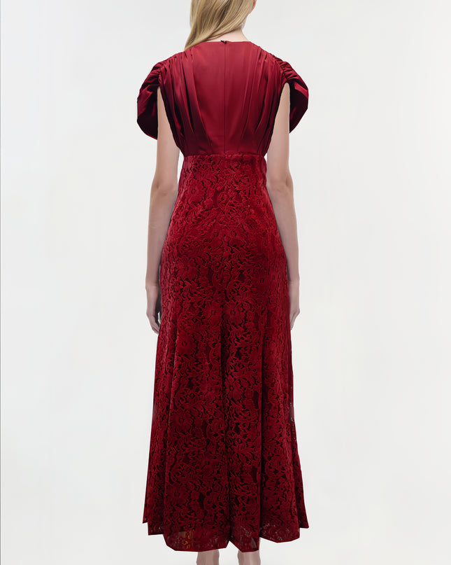 Deep V-neck Lace Maxi Dress - Deep Red